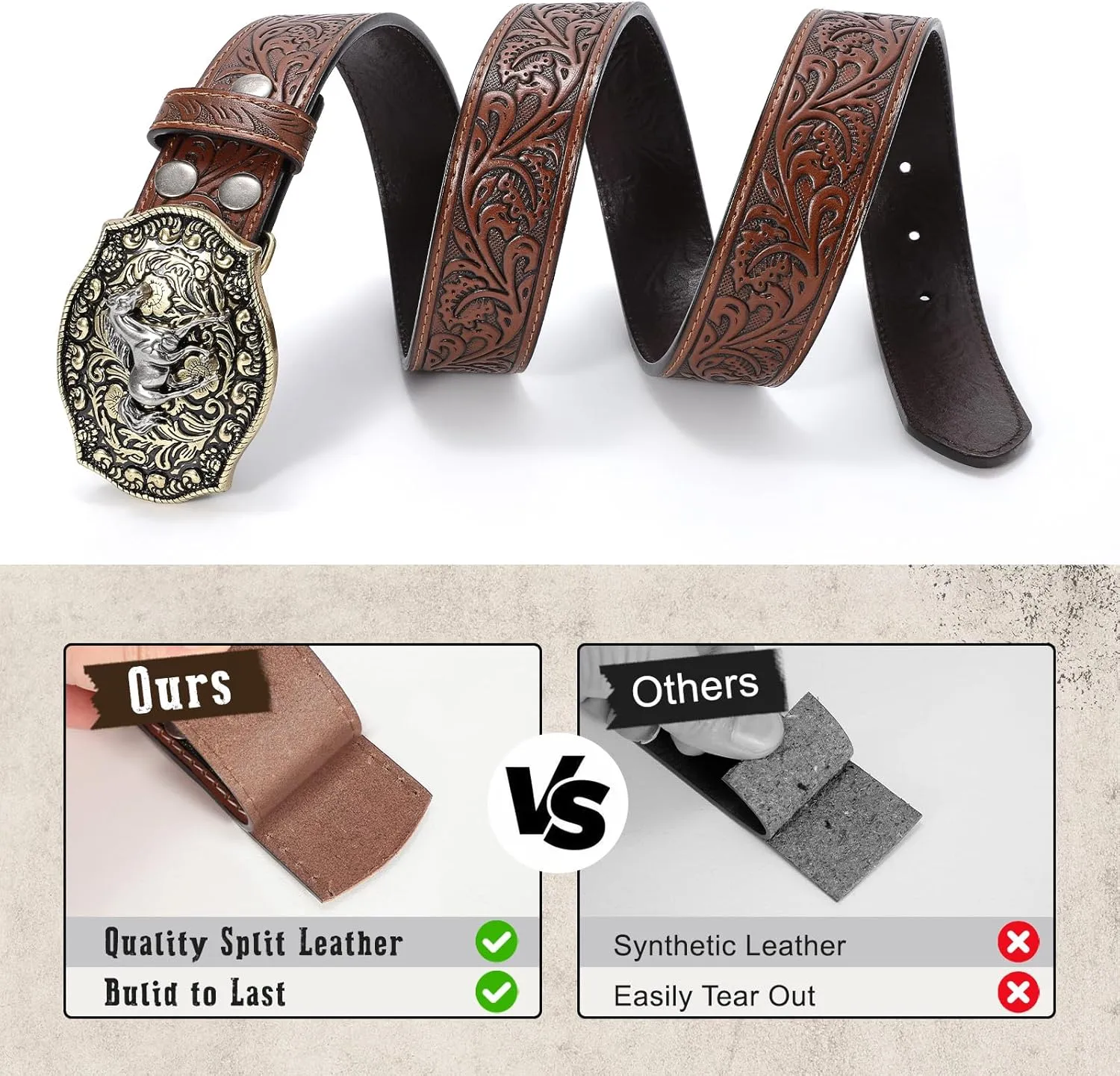 SANSTHS Cowboy Belts for Men Women Western Buckle Belt Cowboy Cowgirl Embossed Leather Belt for Jeans Christmas Gifts Belt