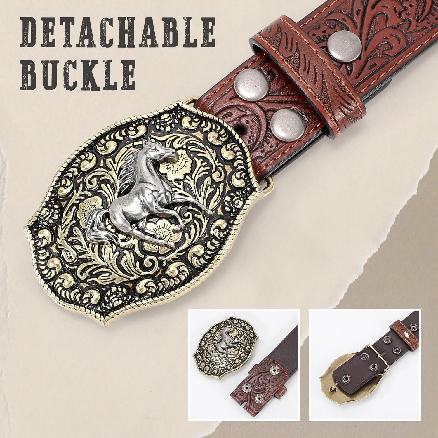 SANSTHS Cowboy Belts for Men Women Western Buckle Belt Cowboy Cowgirl Embossed Leather Belt for Jeans Christmas Gifts Belt