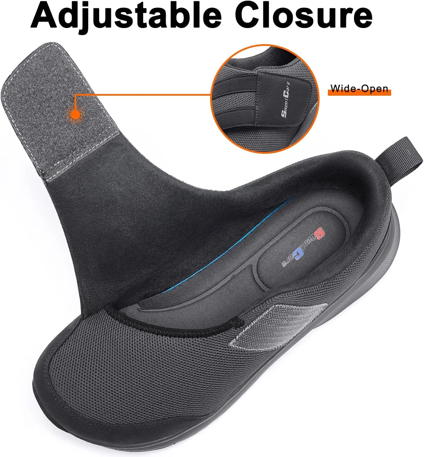 SILENTCARE Diabetic Shoes for Men Wide Toe Box Slip-on Shoes for Swollen Feet Adjustable Walking Shoes for Elderly Foot Pain Relief Neuropathy