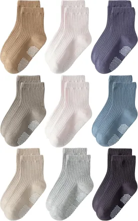 Toddler Grip Socks Non Slip Crew Cute Seamless Cotton Socks for Baby Boys Girls Infants Kids 9 Pairs